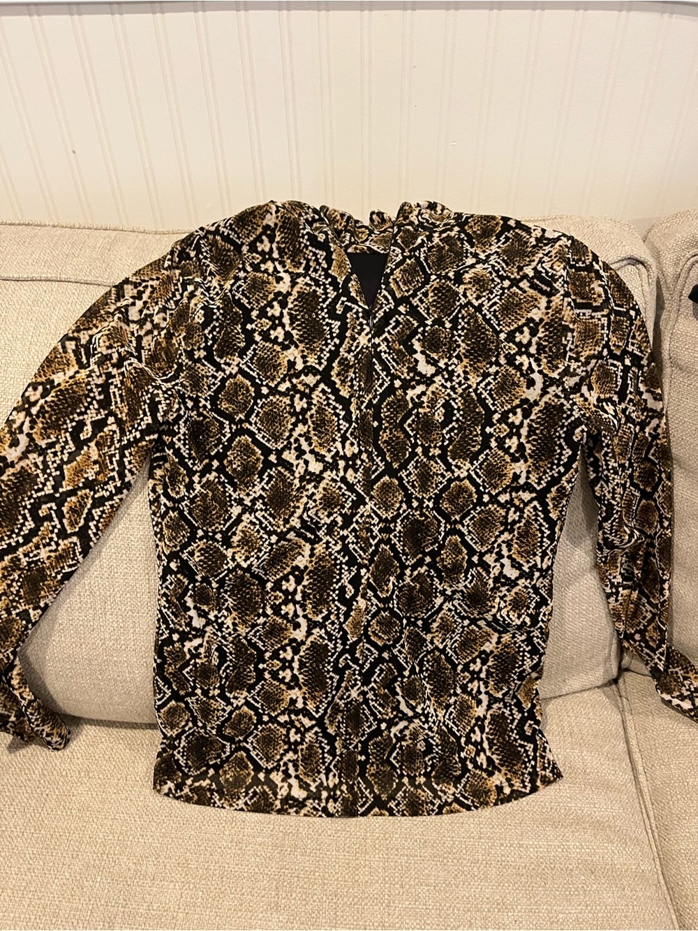 DKNY Snake-Print V-Neck Blouse in Black & Brown